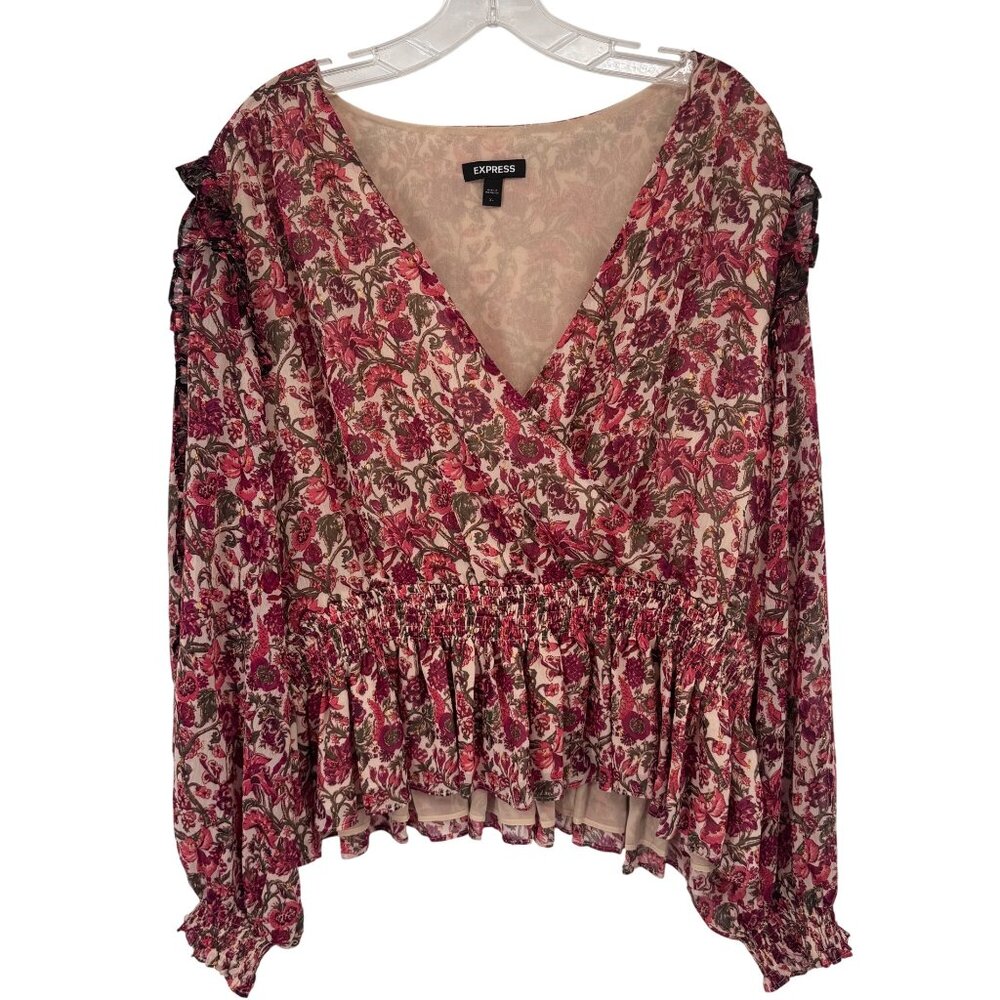 Express Floral Print Surplice Blouse  Smocked Waist  Ruffled Cuffs size XL